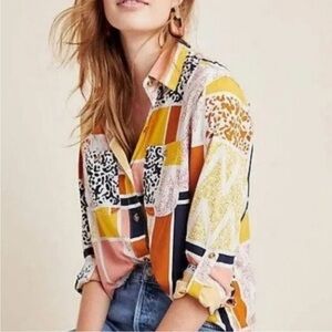 Anthropologie The Odells Top Lisse Geometric Print Button Up Blouse Fall Sz L